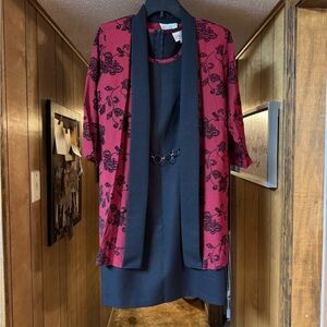 Black Dress with Wine Floral Overlay - Women’s Elegant Two-Piece Look